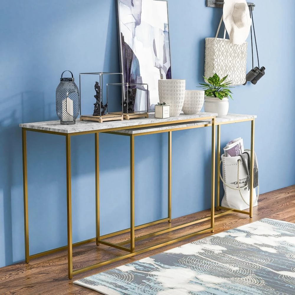 Auror 47.25 in. Gold Coating and White Rectangle Faux Marble Nesting Console Table (Set of 2) by Furniture of America 6 Auror 47.25 in. Gold Coating and White Rectangle Faux Marble Nesting Console Table (Set of 2) by Furniture of America - Image 6
