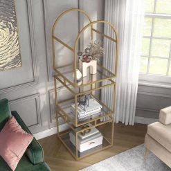 Staski 62.75 in. Gold Coating Metal 3-Shelf Bookcase with Glass Shelves by Furniture of America 11 Staski 62.75 in. Gold Coating Metal 3-Shelf Bookcase with Glass Shelves by Furniture of America -Furniture of America Sales Store gold coating furniture of america bookcases bookshelves idf ac813gd 3 1f 1000