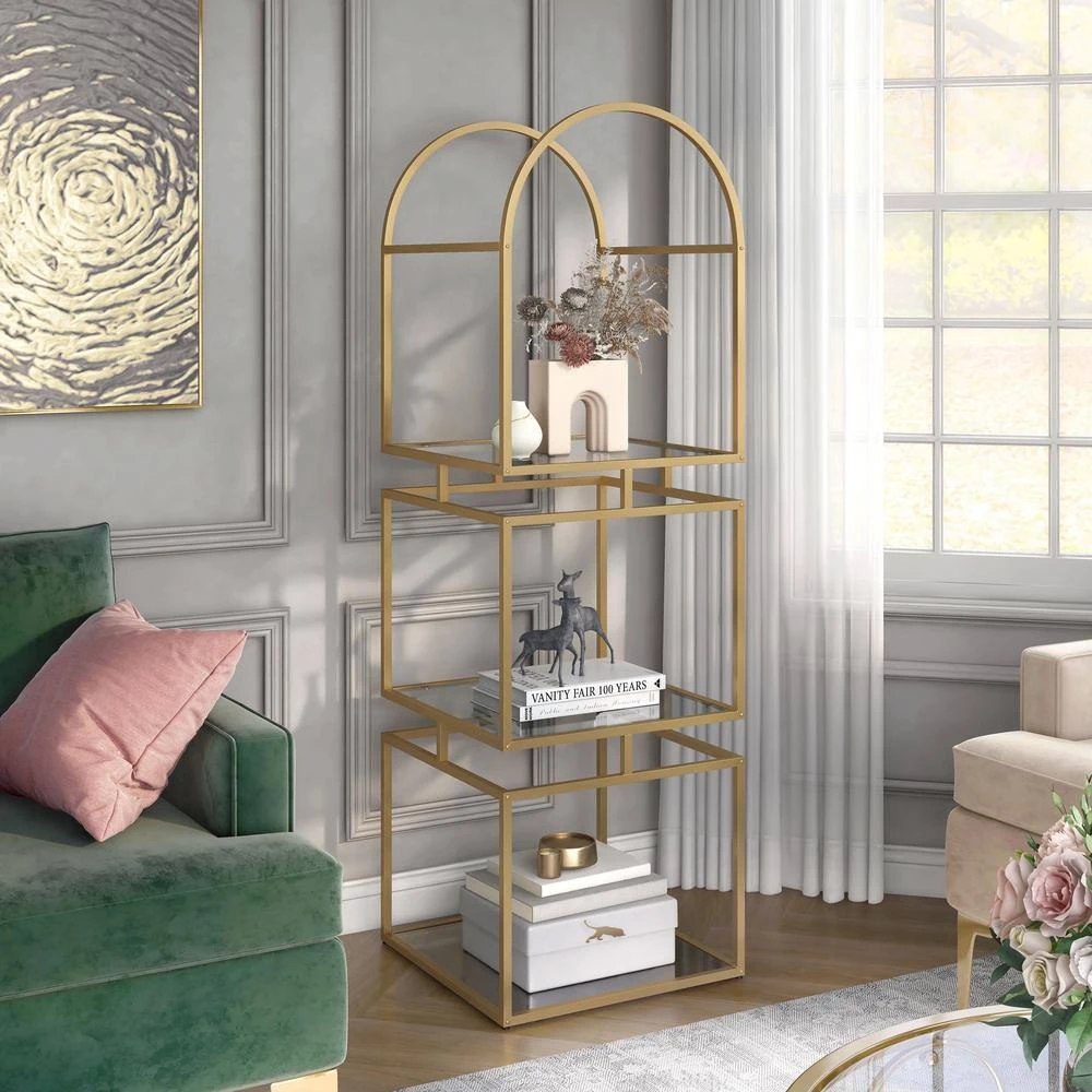 Staski 62.75 in. Gold Coating Metal 3-Shelf Bookcase with Glass Shelves by Furniture of America 7 Staski 62.75 in. Gold Coating Metal 3-Shelf Bookcase with Glass Shelves by Furniture of America - Image 7