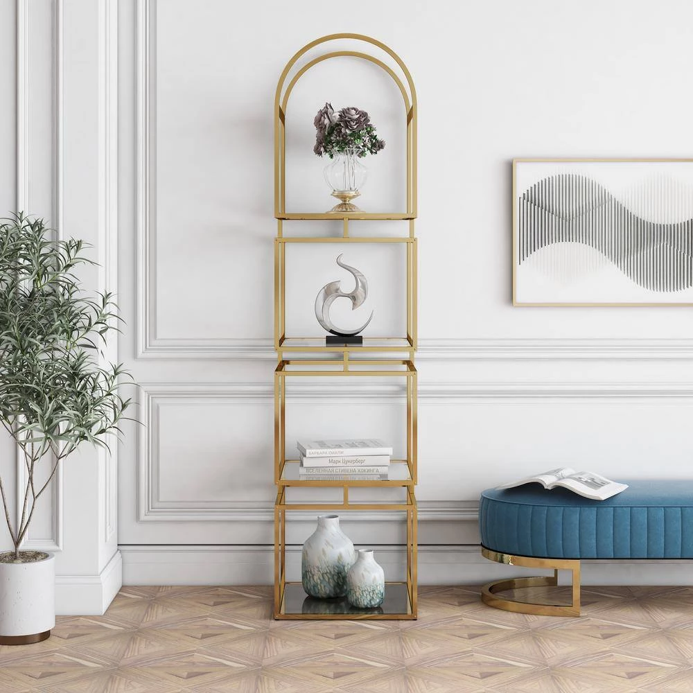 Staski 81.25 in. Gold Coating Metal 4-Shelf Bookcase with Glass Shelves by Furniture of America 5 Staski 81.25 in. Gold Coating Metal 4-Shelf Bookcase with Glass Shelves by Furniture of America - Image 5