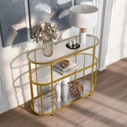 Harmark 42 in. Gold Coating Specialty Glass Top Console Table by Furniture of America -Furniture of America Sales Store gold coating furniture of america console tables idf ac383 1f 1000