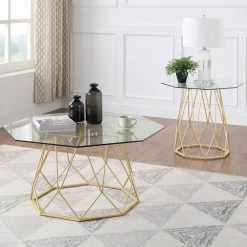 Mysen 36 in. Gold Powder Coating Octagon Glass Top Coffee Table by Furniture of America -Furniture of America Sales Store gold powder coating furniture of america coffee tables idf 4374gd c 31 1000