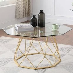 Mysen 36 in. Gold Powder Coating Octagon Glass Top Coffee Table by Furniture of America -Furniture of America Sales Store gold powder coating furniture of america coffee tables idf 4374gd c c3 1000