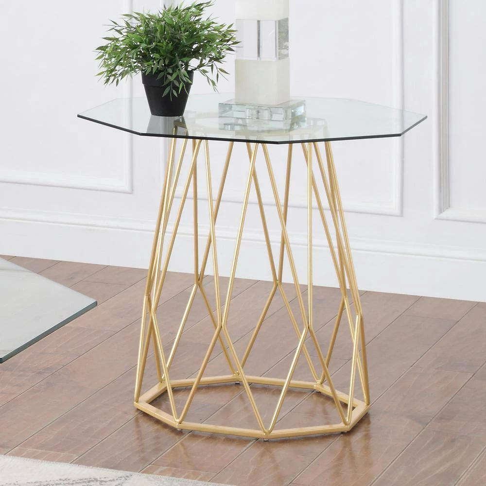 Mysen 24 in. Gold Powder Coating Octagon Glass Top End Table by Furniture of America 4 Mysen 24 in. Gold Powder Coating Octagon Glass Top End Table by Furniture of America - Image 4