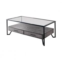 Vihaan 48 in. Gray/Black/Clear Large Rectangle Glass Coffee Table with Drawers by Furniture of America