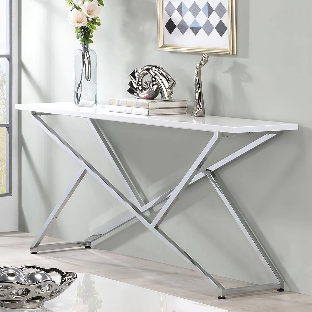 Doherty 60 in. White and Chrome High Gloss Plated Rectangle Wood Top Console Table by Furniture of America 2 Doherty 60 in. White and Chrome High Gloss Plated Rectangle Wood Top Console Table by Furniture of America - Image 2