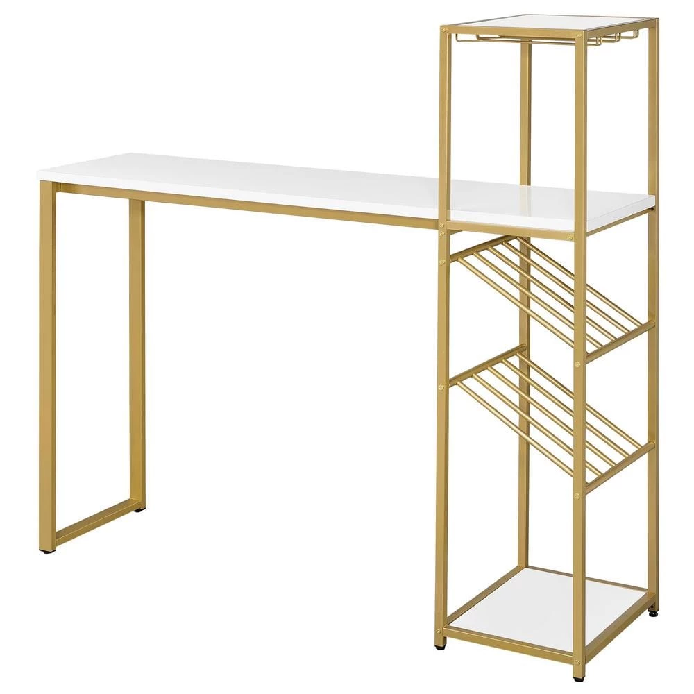 Lukup 58.75 in. H x 59 in. L x 16.88 in. W High Gloss White and Gold Coating 2-Shelf Metal Bar Table by Furniture of America 1 Lukup 58.75 in. H x 59 in. L x 16.88 in. W High Gloss White and Gold Coating 2-Shelf Metal Bar Table by Furniture of America