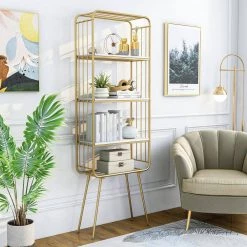 Ellerbe 23.63 in. Wide High Gloss White and Gold 4-Shelf Standard Bookcase by Furniture of America -Furniture of America Sales Store high gloss white and gold furniture of america bookcases bookshelves idf ac422gd 4f 1000