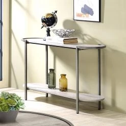 Elosi 48.75 in. Light Gray and Brushed Gun Metal Oval Wood Console Table with Shelf by Furniture of America -Furniture of America Sales Store light gray and brushed gun metal furniture of america console tables idf 4537s 31 1000