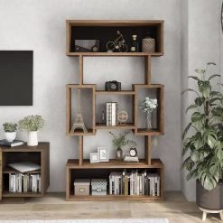 Galenia 39.4 in. Wide Light Hickory 5-Shelf Geometric Bookcase by Furniture of America -Furniture of America Sales Store light hickory furniture of america bookcases bookshelves hfw 20801c31 31 1000