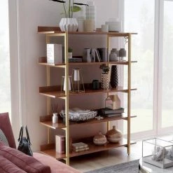 Genesis 56.75 in. H Light Walnut and Gold 5-Shelf Standard Bookcase by Furniture of America -Furniture of America Sales Store light walnut and gold furniture of america bookcases bookshelves idf ac6048 31 1000