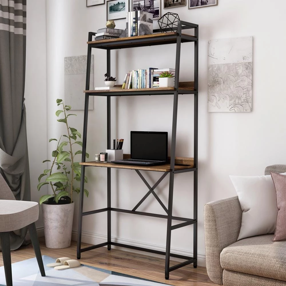 Sorvino 36 in. Matte Black Coating and Brown Writing Desk with Bookcase by Furniture of America 1 Sorvino 36 in. Matte Black Coating and Brown Writing Desk with Bookcase by Furniture of America