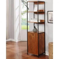 72 in. Natural Tone Metal 4-shelf Etagere Bookcase with Doors by Furniture of America -Furniture of America Sales Store natural tone furniture of america bookcases bookshelves idf ac6051nt 31 1000