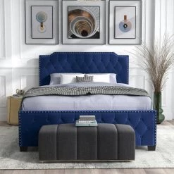 Bernadetta 85 in. W Navy Blue Queen Fabric Frame Upholstered Platform Bed by Furniture of America -Furniture of America Sales Store navy blue queen furniture of america platform beds idf 7213nv q 1f 1000
