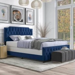 Bernadetta 85 in. W Navy Blue Queen Fabric Frame Upholstered Platform Bed by Furniture of America -Furniture of America Sales Store navy blue queen furniture of america platform beds idf 7213nv q 31 1000