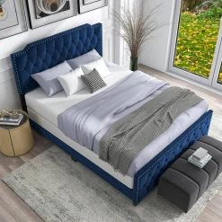 Bernadetta 85 in. W Navy Blue Queen Fabric Frame Upholstered Platform Bed by Furniture of America -Furniture of America Sales Store navy blue queen furniture of america platform beds idf 7213nv q 4f 1000
