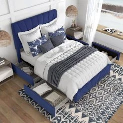 Kimjoy Blue Wood Frame Full Platform Bed with Storage by Furniture of America -Furniture of America Sales Store navy furniture of america platform beds idf 7246nv f 1f 1000