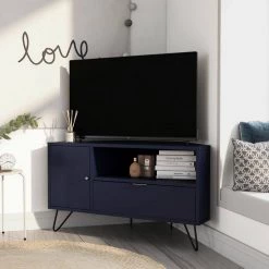 Chappa 41.38 in. Navy Corner TV Stand Fits TV's up to 47.58 in. with Open Shelf by Furniture of America -Furniture of America Sales Store navy furniture of america tv stands idf 5135nv tv 31 1000