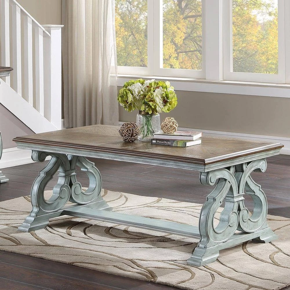 Myrtle 50 in. Oak/Antique Blue Large Rectangle Wood Coffee Table by Furniture of America 3 Myrtle 50 in. Oak/Antique Blue Large Rectangle Wood Coffee Table by Furniture of America - Image 3