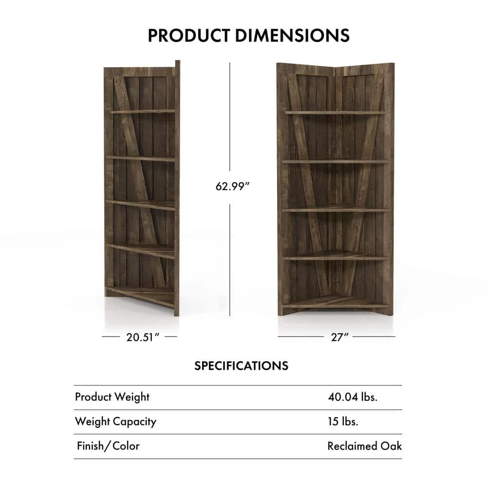 Helsa Reclaimed Oak 5-Shelf Corner Display Bookcase by Furniture of America 4 Helsa Reclaimed Oak 5-Shelf Corner Display Bookcase by Furniture of America - Image 4