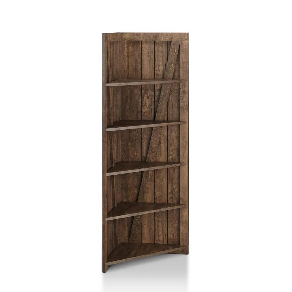 Helsa Reclaimed Oak 5-Shelf Corner Display Bookcase by Furniture of America 2 Helsa Reclaimed Oak 5-Shelf Corner Display Bookcase by Furniture of America - Image 2