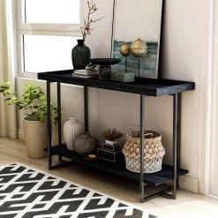 Bonte 48 in. Rustic Black Standard Rectangle Console Table with Shelf by Furniture of America -Furniture of America Sales Store rustic black furniture of america console tables idf 4344s 4f 1000