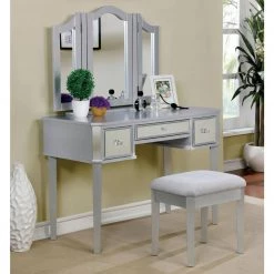 Arriana 2-Piece Silver Tri-Fold Mirror Vanity Set by Furniture of America -Furniture of America Sales Store silver furniture of america makeup vanities idf dk6148sv 31 1000