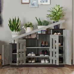 Elias Vintage Gray Novelty Staircase Shoe Cabinet With Window-Panel Doors by Furniture of America -Furniture of America Sales Store vintage gray furniture of america accent cabinets fgi 1867c35 1f 1000