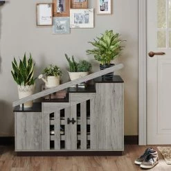 Elias Vintage Gray Novelty Staircase Shoe Cabinet With Window-Panel Doors by Furniture of America -Furniture of America Sales Store vintage gray furniture of america accent cabinets fgi 1867c35 31 1000
