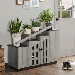Elias Vintage Gray Novelty Staircase Shoe Cabinet With Window-Panel Doors by Furniture of America -Furniture of America Sales Store vintage gray furniture of america accent cabinets fgi 1867c35 44 1000