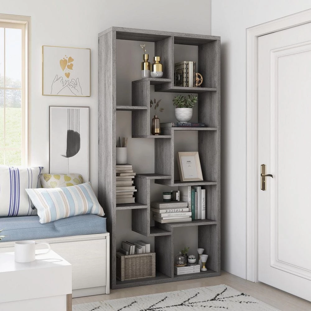 Galva 35.4 in. Wide Vintange Gray Oak 12-Shelf Geometric Bookcase by Furniture of America 7 Galva 35.4 in. Wide Vintange Gray Oak 12-Shelf Geometric Bookcase by Furniture of America - Image 7