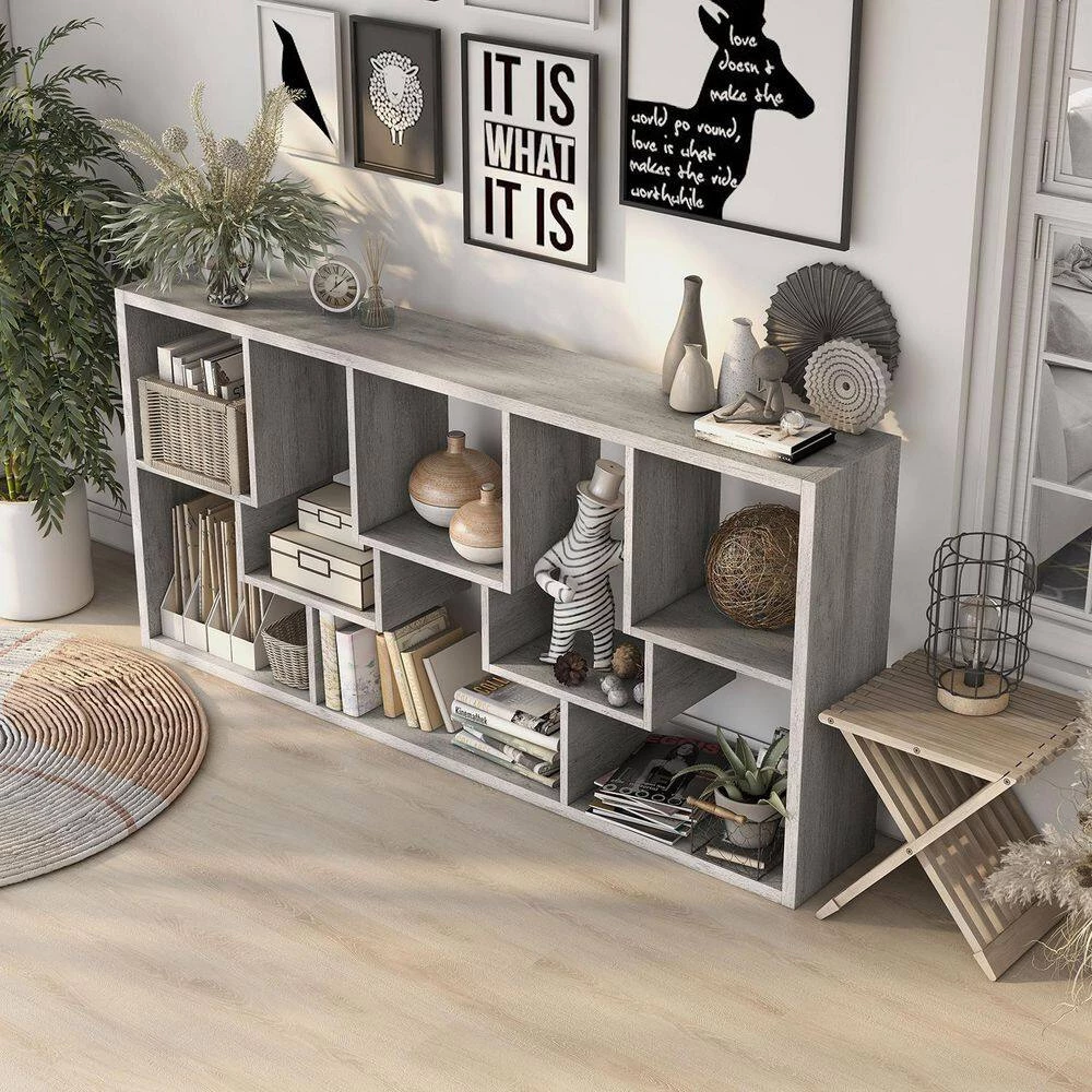 Galva 35.4 in. Wide Vintange Gray Oak 12-Shelf Geometric Bookcase by Furniture of America 6 Galva 35.4 in. Wide Vintange Gray Oak 12-Shelf Geometric Bookcase by Furniture of America - Image 6