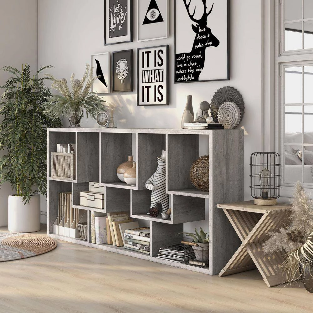 Galva 35.4 in. Wide Vintange Gray Oak 12-Shelf Geometric Bookcase by Furniture of America 4 Galva 35.4 in. Wide Vintange Gray Oak 12-Shelf Geometric Bookcase by Furniture of America - Image 4