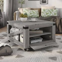 Doreen 31.5 in. L Vintage Gray Oak 19.7 in. H Square Veneer Coffee Table with 1-Drawer And Wheels by Furniture of America -Furniture of America Sales Store vintage gray oak furniture of america coffee tables hfw 1690c35 76 1000