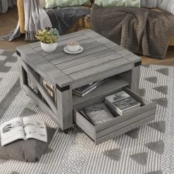 Doreen 31.5 in. L Vintage Gray Oak 19.7 in. H Square Veneer Coffee Table with 1-Drawer And Wheels by Furniture of America -Furniture of America Sales Store vintage gray oak furniture of america coffee tables hfw 1690c35 fa 1000