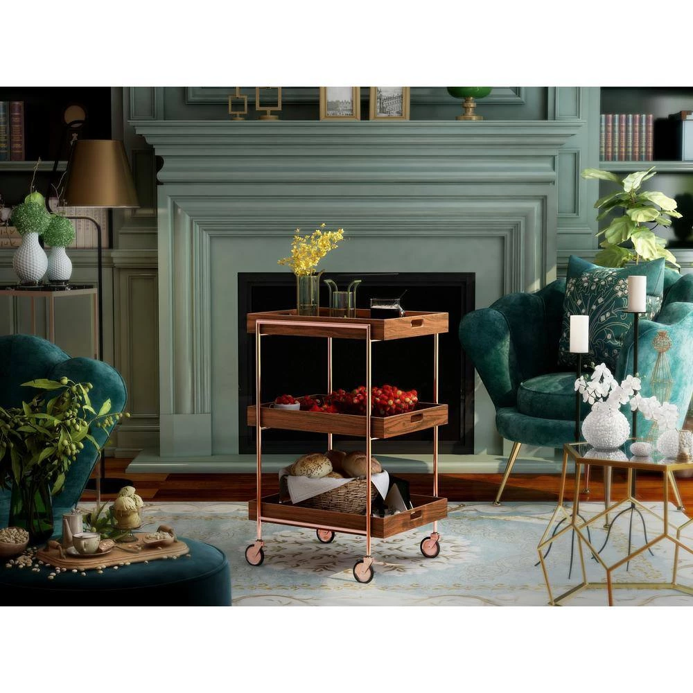 Stonega Walnut and Rose Gold Kitchen Cart with Caster Wheels by Furniture of America 5 Stonega Walnut and Rose Gold Kitchen Cart with Caster Wheels by Furniture of America - Image 5