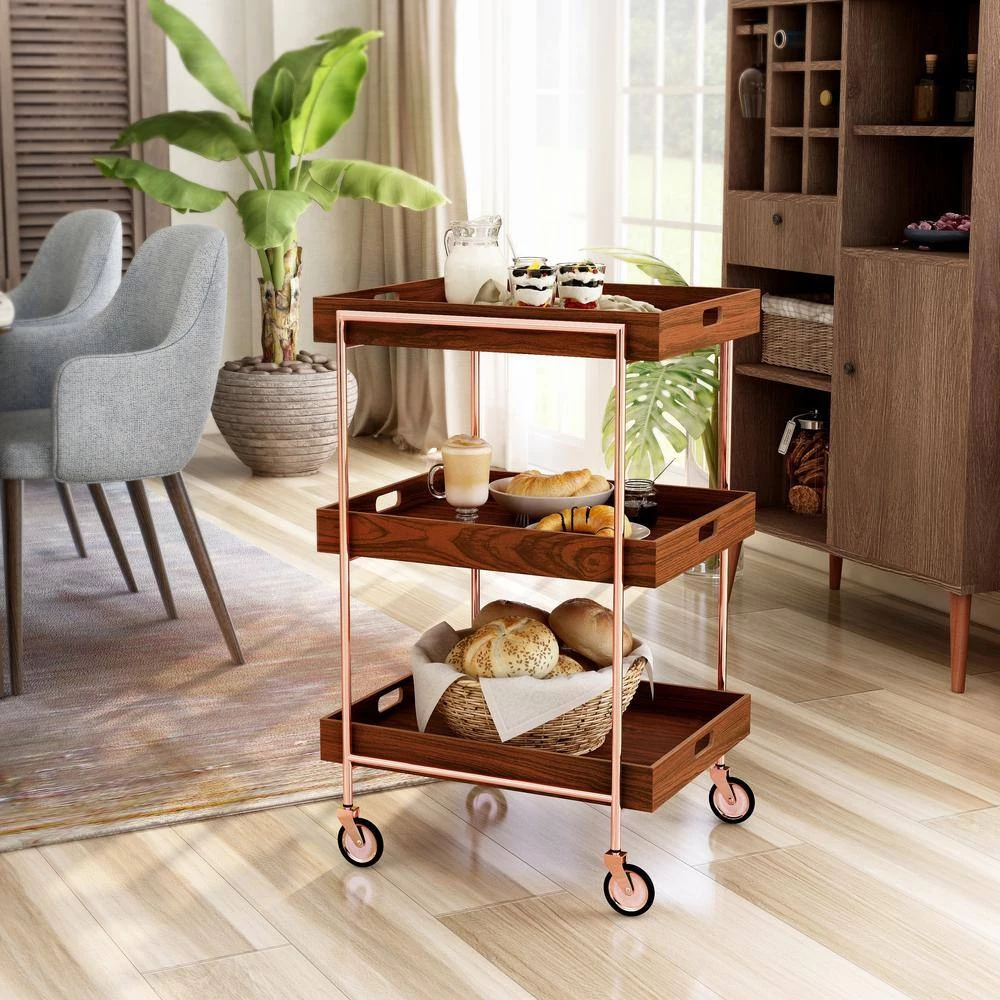 Stonega Walnut and Rose Gold Kitchen Cart with Caster Wheels by Furniture of America 7 Stonega Walnut and Rose Gold Kitchen Cart with Caster Wheels by Furniture of America - Image 7