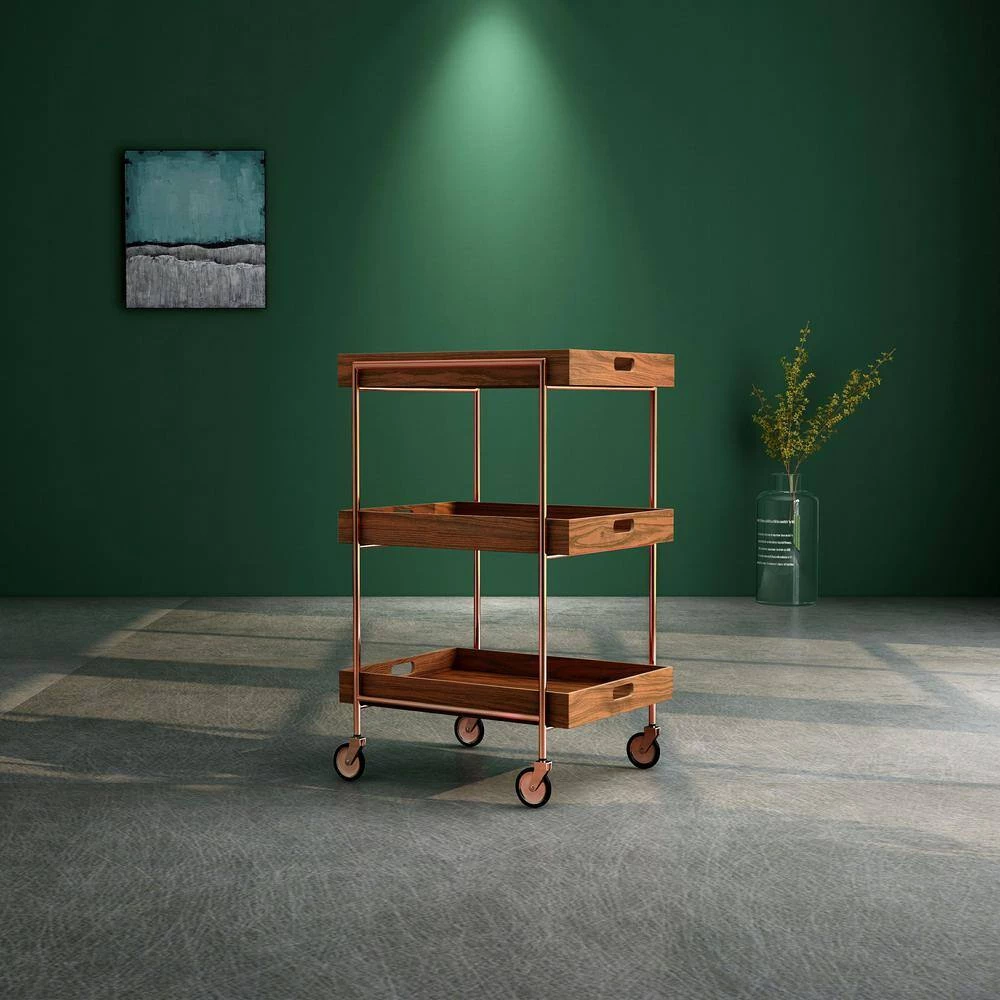 Stonega Walnut and Rose Gold Kitchen Cart with Caster Wheels by Furniture of America 4 Stonega Walnut and Rose Gold Kitchen Cart with Caster Wheels by Furniture of America - Image 4