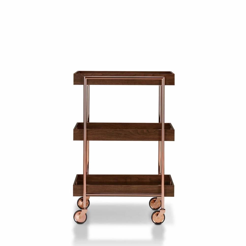 Stonega Walnut and Rose Gold Kitchen Cart with Caster Wheels by Furniture of America 1 Stonega Walnut and Rose Gold Kitchen Cart with Caster Wheels by Furniture of America