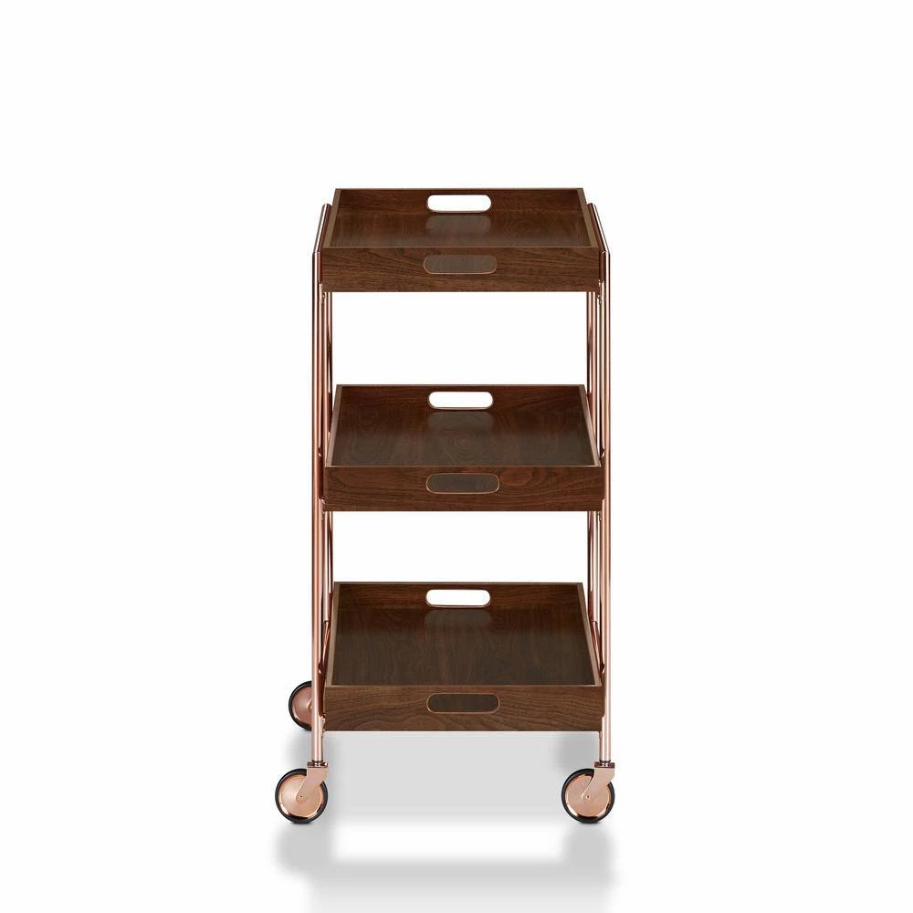 Stonega Walnut and Rose Gold Kitchen Cart with Caster Wheels by Furniture of America 2 Stonega Walnut and Rose Gold Kitchen Cart with Caster Wheels by Furniture of America - Image 2