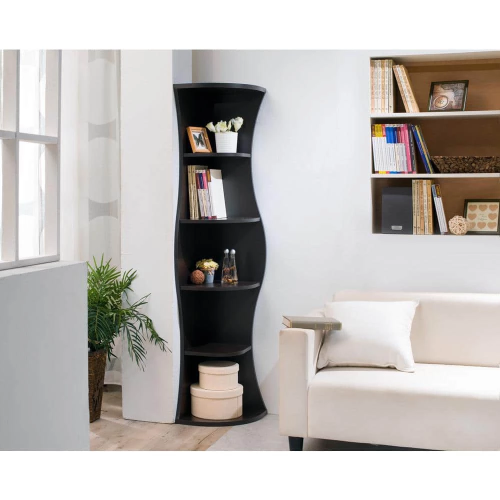 Lenard 70.8 in. Walnut Wood 5-shelf Corner Bookcase with Open Storage by Furniture of America 4 Lenard 70.8 in. Walnut Wood 5-shelf Corner Bookcase with Open Storage by Furniture of America - Image 4