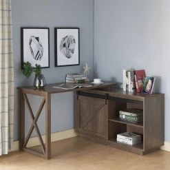Carlie 56 in. Walnut Oak L-Shape Writing Desk With Sliding Barn Door by Furniture of America -Furniture of America Sales Store walnut oak furniture of america writing desks idi 202693 77 1000