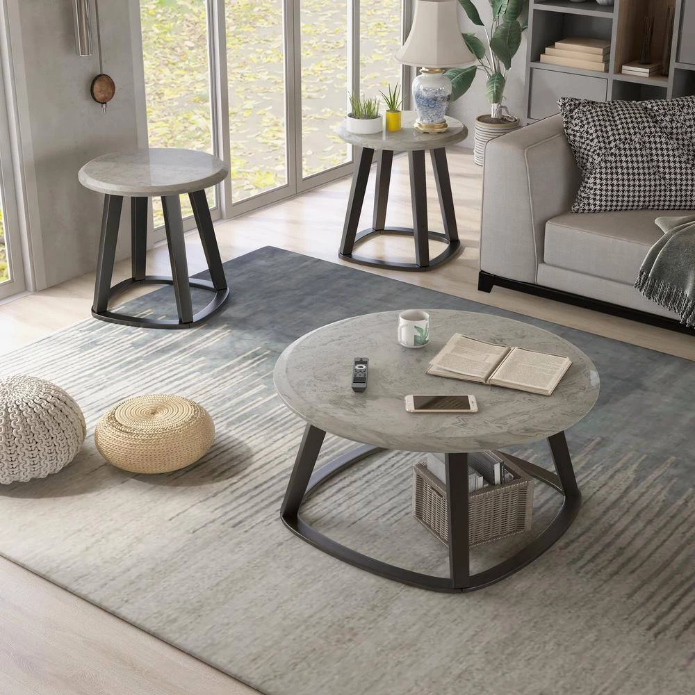 Ives 3-Piece 38 in. White/Brushed Warm Gray Medium Round Marble Coffee Table Set by Furniture of America 7 Ives 3-Piece 38 in. White/Brushed Warm Gray Medium Round Marble Coffee Table Set by Furniture of America - Image 7