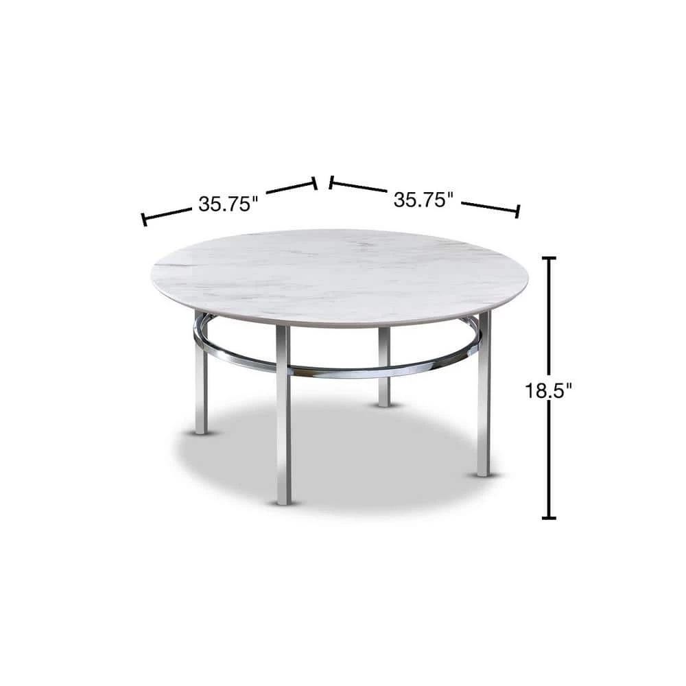Mercedes 36 in. White/Chrome Medium Round Faux Marble Coffee Table by Furniture of America 3 Mercedes 36 in. White/Chrome Medium Round Faux Marble Coffee Table by Furniture of America - Image 3