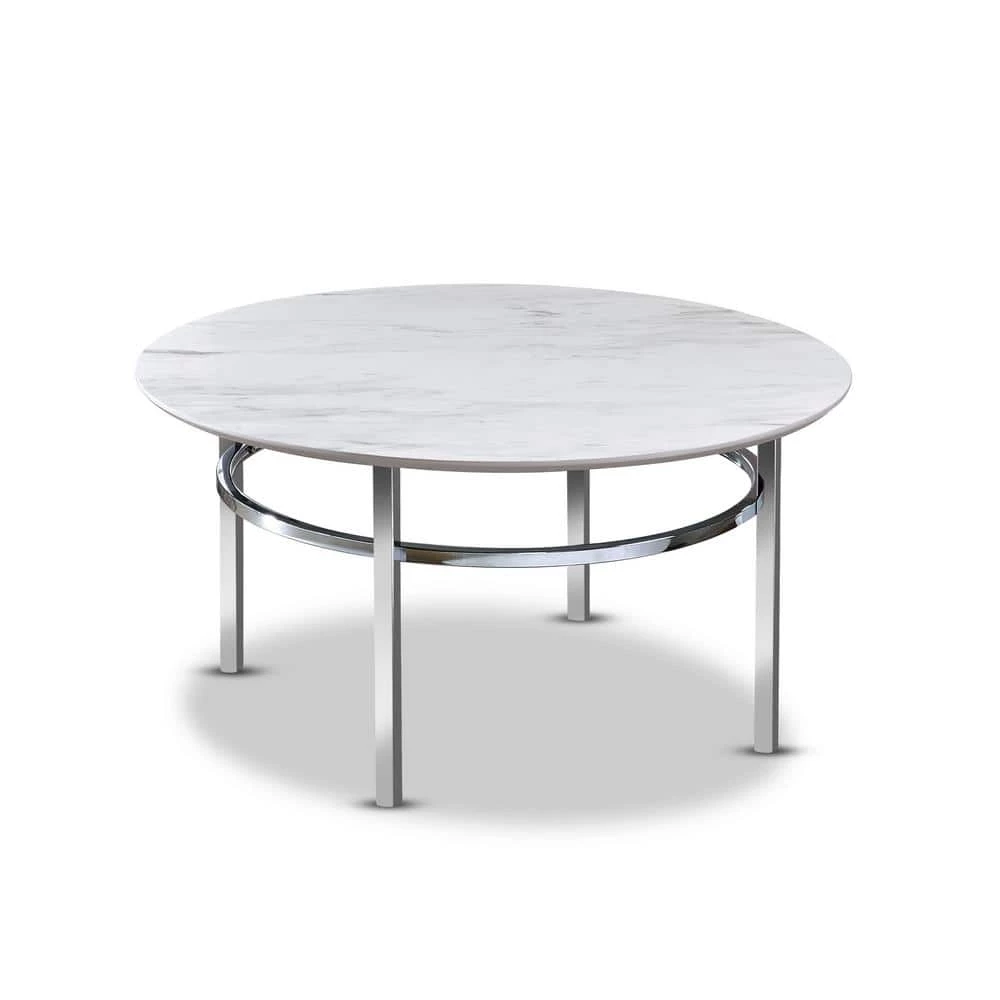 Mercedes 36 in. White/Chrome Medium Round Faux Marble Coffee Table by Furniture of America 1 Mercedes 36 in. White/Chrome Medium Round Faux Marble Coffee Table by Furniture of America