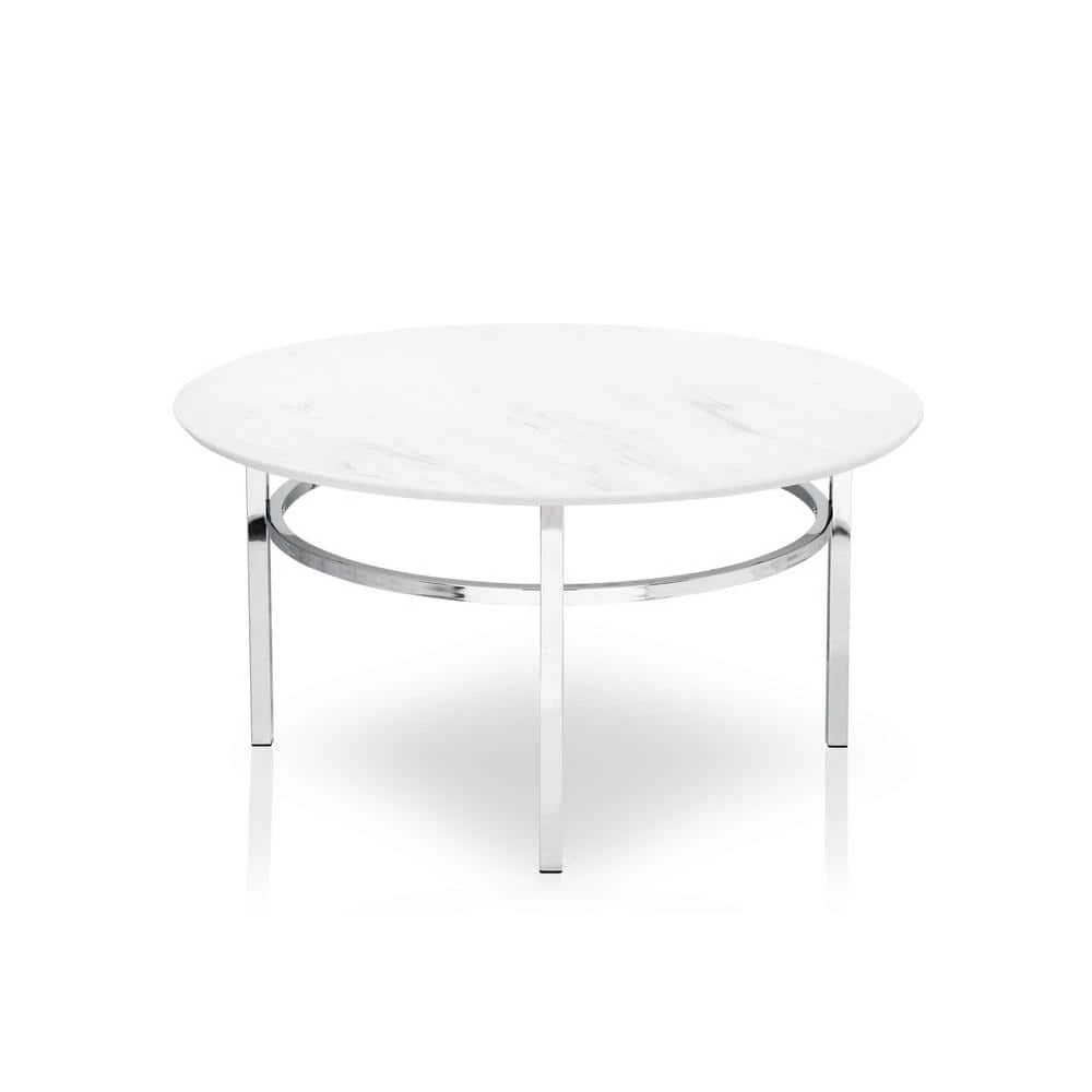 Mercedes 36 in. White/Chrome Medium Round Faux Marble Coffee Table by Furniture of America 2 Mercedes 36 in. White/Chrome Medium Round Faux Marble Coffee Table by Furniture of America - Image 2