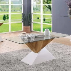 Arkin 48 in. Clear/White/Natural Large Rectangle Glass Coffee Table with Pedestal Base by Furniture of America -Furniture of America Sales Store white and natural tone furniture of america coffee tables idf 4746c c3 1000