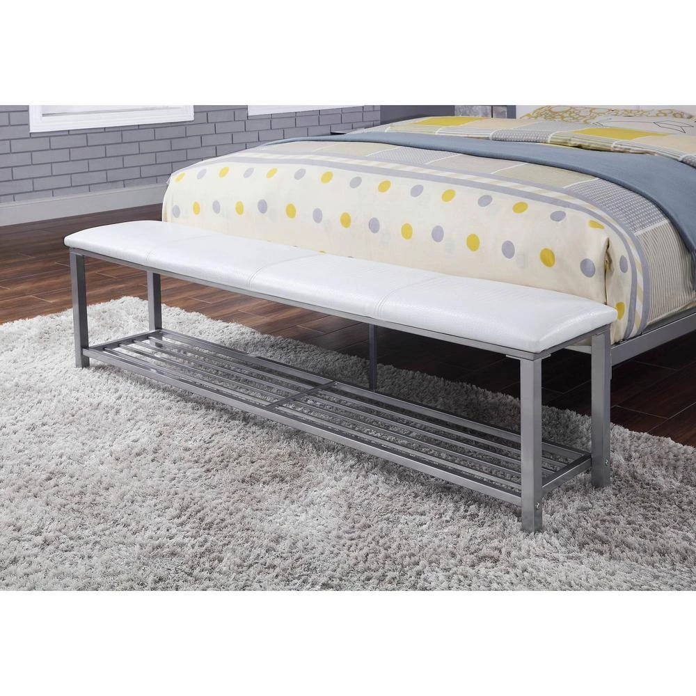 Karina White and Silver Queen Metal Platform Bed with Attached Bench by Furniture of America 4 Karina White and Silver Queen Metal Platform Bed with Attached Bench by Furniture of America - Image 4