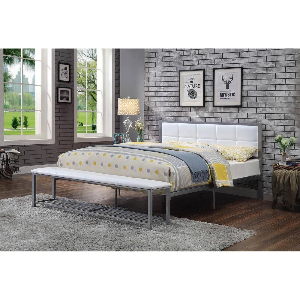 Karina White and Silver Queen Metal Platform Bed with Attached Bench by Furniture of America 5 Karina White and Silver Queen Metal Platform Bed with Attached Bench by Furniture of America - Image 5