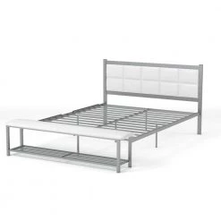 Karina White and Silver Queen Metal Platform Bed with Attached Bench by Furniture of America